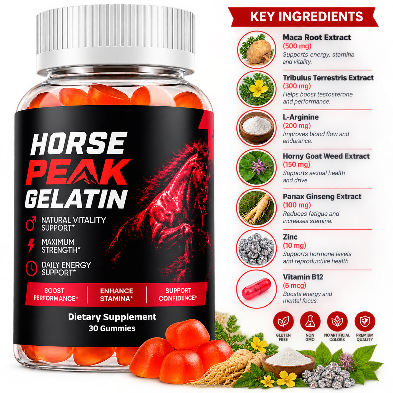 Horse Peak Gelatin dietary supplement gummies bottle with key ingredients