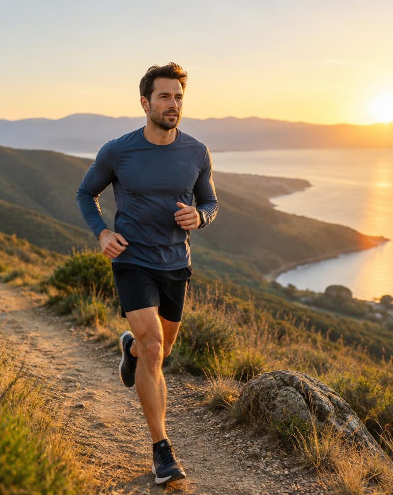 Man running on a trail at sunrise