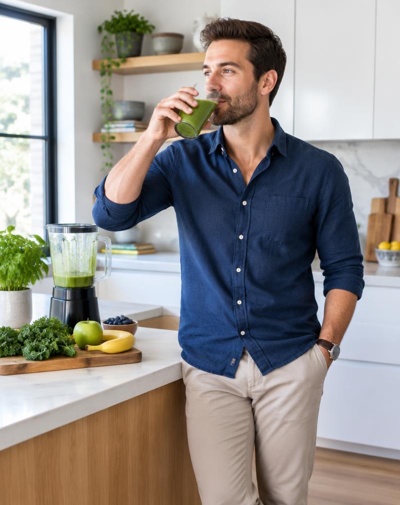 Man drinking a healthy smoothie at home